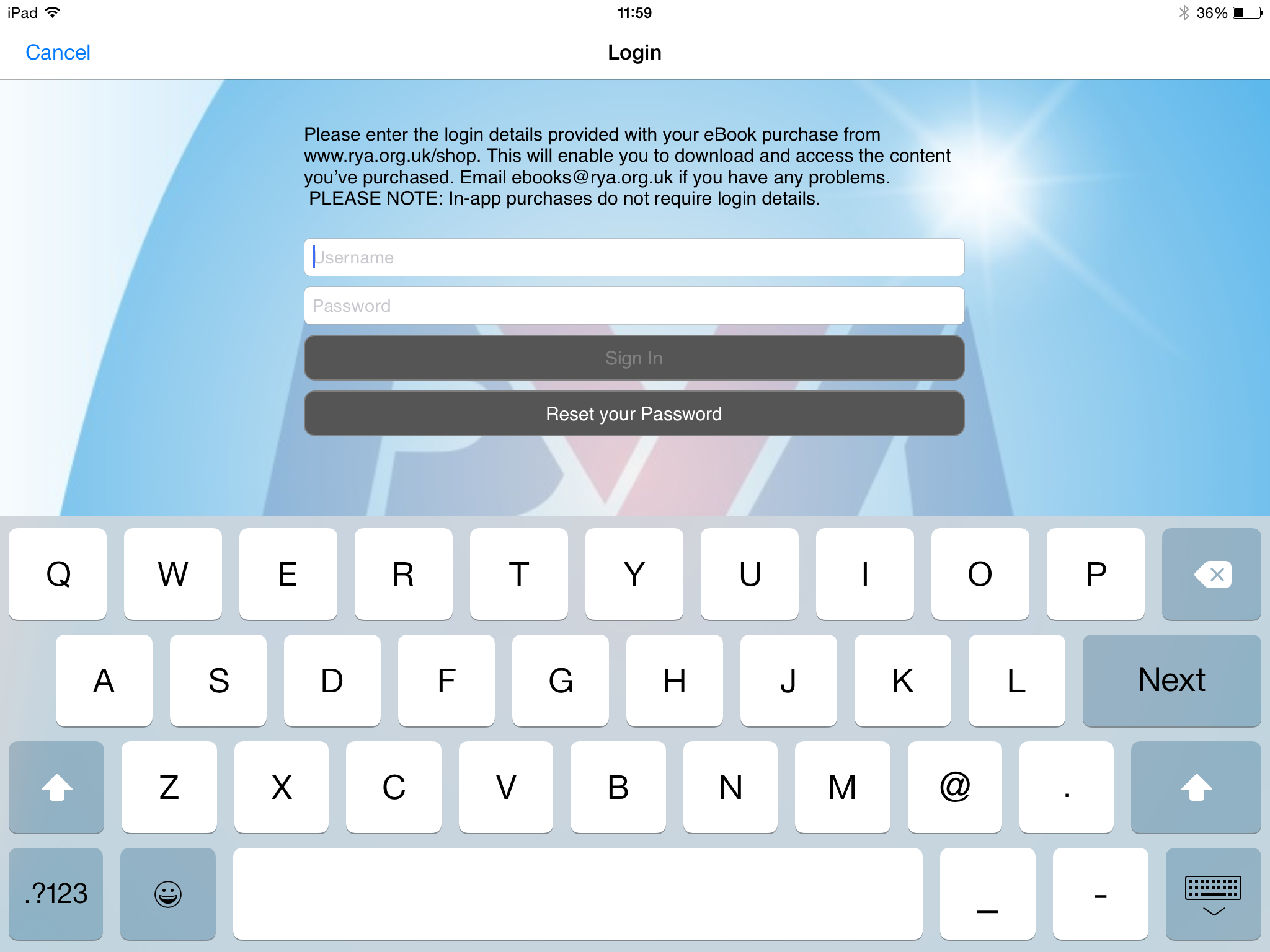 RYA eBook app login screen