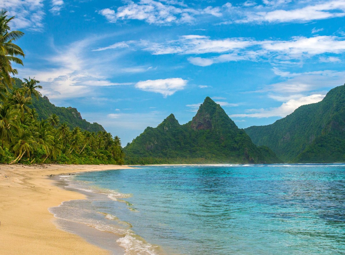 Palm trees line a sandy beach along a clear lagoon with mountains covered in trees in the background.