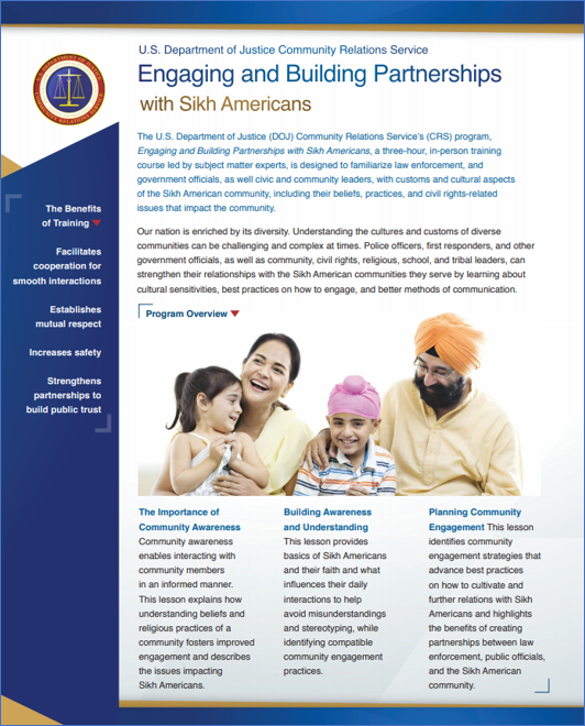 Image of Community Relations Service training brochure providing highlights and an overview of the recent updates to the "Engaging and Building Partnerships with Sikh Americans" training program, including a link to the resources page on the CRS website