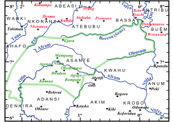 Location of Bonoman; The core area of the Ashanti Nation (green marking) and the adjacent regions of the Brong Confederation (red marking) at the beginning of the 1890s.