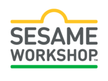 Logo for Sesame Workshop, created in 2018 simultaneously with the premiere of "Esme and Roy." Features the words "SESAME WORKSHOP" (all-caps) in gray inside border lines of yellow on the top and green on the bottom that together form a shape similar to the "Sesame Street" sign.