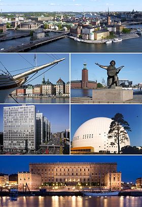 The Old Town, Skeppsbron, Stockholm City Hall, Hötorget buildings, Ericsson Globe and Stockholm Palace.