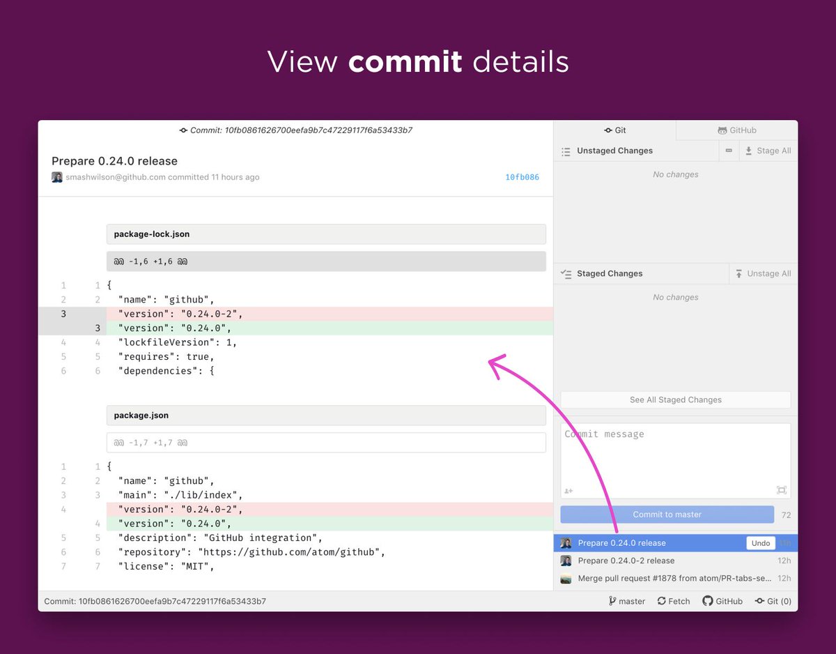 a screenshot of the atom text editor, showing a new feature where you can view commit details inside a pane.  This feature is fully keyboard navigable too.