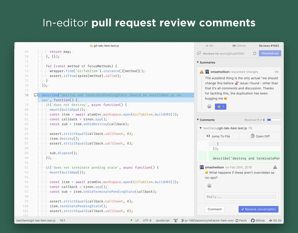 a screenshot of the in-editor pull request review comments flow within the Atom Editor.