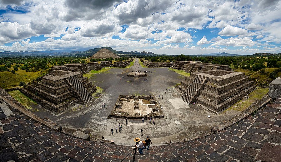 Panoramic view from the summit of the Pyramid of the Moon, with the Pyramid of the Sun on the far left.