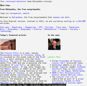 w3m running in an xterm displaying the Wikipedia main page.