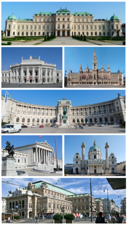 Clockwise from top: Schloss Belvedere, Rathaus Wien, Hofburg, Karlskirche, State Opera, Austrian Parliament, Burgtheater