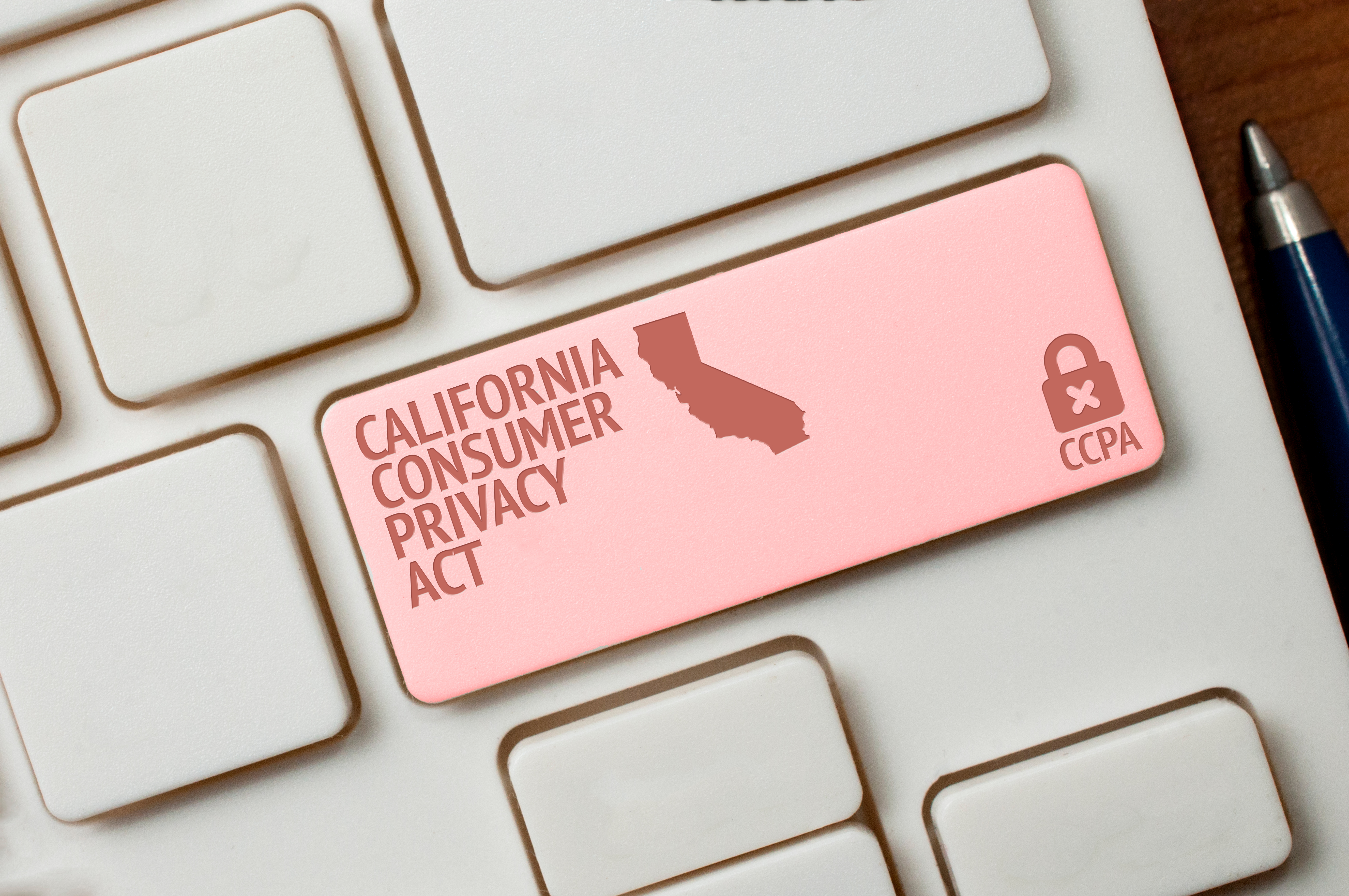 An illustration showing a computer keyboard with a key marked “California Consumer Privacy Act” and a picture of a padlock.