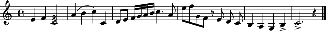 
 \relative c' {
  e f <c e g>2
  a'4( b c) c,
  d8 e f16 g a b
  c4. a8 e' f g, f r \autoBeamOff e d c
  b4 a g b-> c2.-> r4
  \bar "|."
  }
 