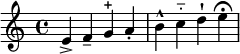 
  \relative c' {
  e-> f-- g-+ a-.
  b-^ c-_ d-! e\fermata
  }
