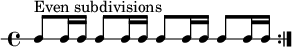 
\new RhythmicStaff {
   \clef percussion
   \time 4/4
   \repeat volta 2 { c8^\markup { "Even subdivisions" } c16 c c8 c16 c c8 c16 c c8 c16 c }
}
