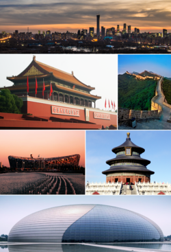 Clockwise from top: Beijing CBD skyline, Great Wall of Badaling, Temple of Heaven, National Center for the Performing Arts, Beijing National Stadium, Tiananmen