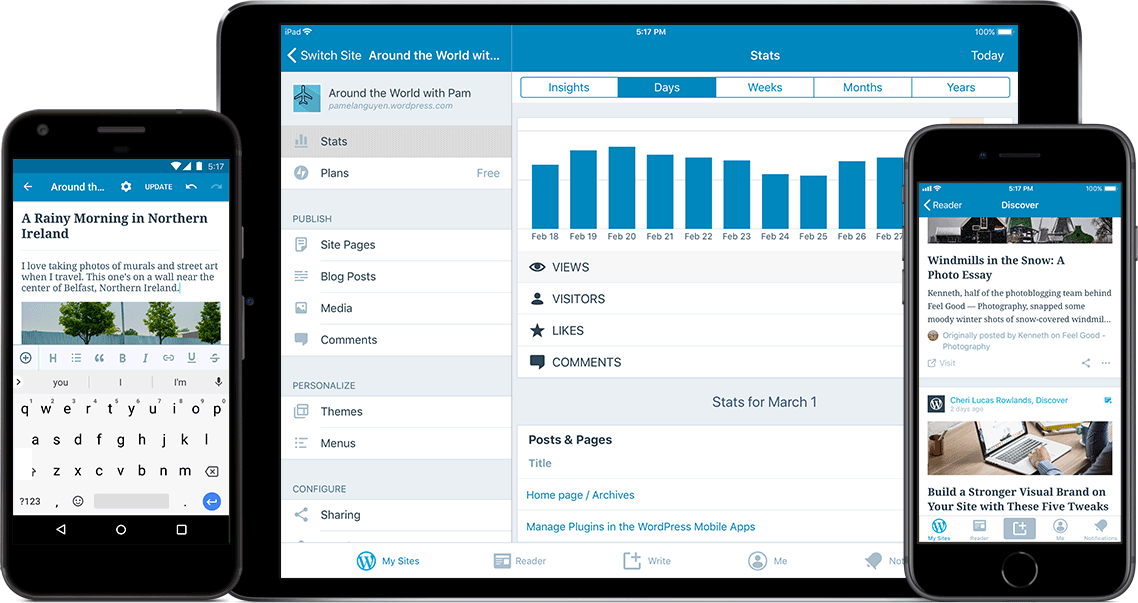 Devices showing the WordPress mobile app