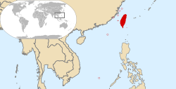 a map of East Asia, with a world map insert, with the island of Taiwan shaded and the other islands circled