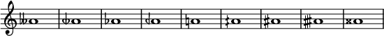  {

\override Score.TimeSignature
#'stencil = ##f
    \relative c'' {
        \time 4/4
\language "english"
        aff1 atqf af aqf a! aqs as atqs ass
    }  }
