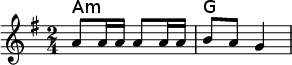 
<<
\new ChordNames \chordmode {
  \set chordChanges = ##t
  a4:m a4:m         |% measure 1
  g2                |% measure 2
}
\new Staff \relative c''{
  \key a \dorian
  \time 2/4
  a8 a16 a a8 a16 a |% measure 1
  b8 a g4           |% measure 2
}
>>
