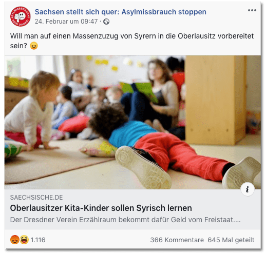 Screenshot eines Facebook-Posts der Seite Sachsen stellt sich quer: Asylmissbrauch stoppen - Will man auf einen Massenzuzug von Syrern in die Oberlausitz vorbereitet sein?