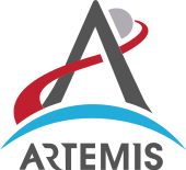 An arrowhead combined with a depiction of a trans-lunar injection trajectory forms an "A", with an "Artemis" wordmark printed underneath