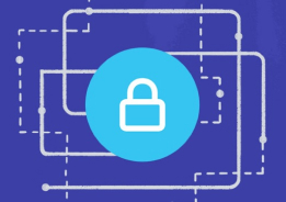 Illustrated graphic of an outline of a lock surrounded by lines implying information moving.