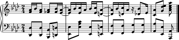  {
   \new PianoStaff <<
      \new Staff <<
         \new Voice \relative c' {
             \clef treble \key aes \major \time 2/4
             <f aes>16 bes <f aes>8 <fes aes> <fes bes>16 <es aes>~
             <es aes> bes' <es, c'> aes bes <es, c'> <d aes'>8~
             <d aes'>16 bes' <d, c'> aes' r <des, bes'>8 es16
             <c aes'>8 <g' des' es> <aes c es aes>
             }
            >>
     \new Staff <<
         \relative c, {
             \clef bass \key aes \major \time 2/4
             <des des'>8 <des des'> <bes bes'> <d d'>
             <es es'> <es' aes c> <es, es'> <e e'>
             <f f'> <f f'> <g g'> <g g'> <aes aes'> <es es'> <aes, aes'> \bar "|."
             }
         >>
    >>
}
