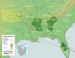 Map of the southern United States showing in dark green areas ceded by Indians