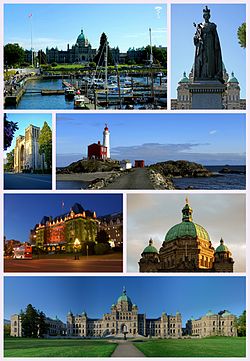 Clockwise from top left: the Inner Victoria Harbour, Statue of Queen Victoria, Fisgard Lighthouse, dome of the British Columbia Parliament Buildings, full view of Parliament, the Empress Hotel, and Christ Church Cathedral.