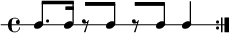 
\new RhythmicStaff {
   \clef percussion
   \time 4/4
   \repeat volta 2 { c8. c16 r8[ c] r[ c] c4 }
}
