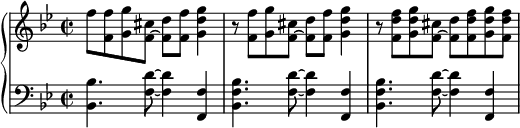 
    {
      \new PianoStaff <<
        \new Staff <<
            \relative c'' {
                \clef treble \key bes \major \time 2/2
                f8 <f, f'> <g g'> <f~ cis'> <f d'> <f f'> <g d' g>4
                r8 <f f'> <g g'> <f~ cis'> <f d'> <f f'> <g d' g>4
                r8 <f d' f> <g d' g> <f~ cis'> <f d'> <f d' f> <g d' g> <f d' f>
                }
            >>
        \new Staff <<
            \relative c {
                \clef bass \key bes \major \time 2/2
                <bes bes'>4. <f' d'>8~ <f d'>4 <f, f'>4
                <bes f' bes>4. <f' d'>8~ <f d'>4 <f, f'>4
                <bes f' bes>4. <f' d'>8~ <f d'>4 <f, f'>4
                }
            >>
    >> }
