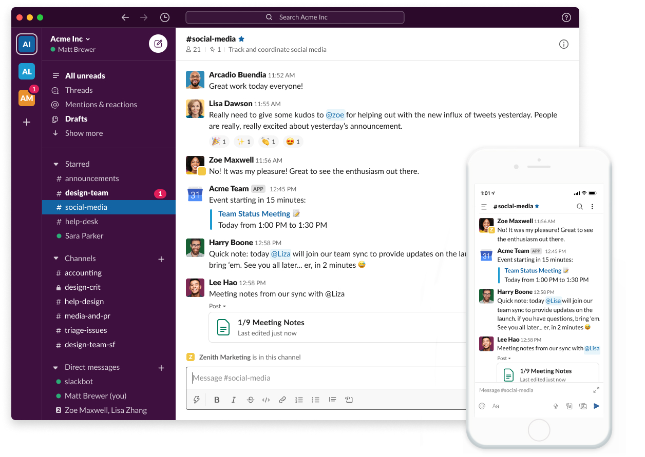 Slack workspaces are available on your laptop and phone