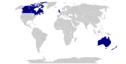 A map highlighting the proposed CANZUK countries and dependencies.   CANZUK countries   Dependencies of CANZUK countries