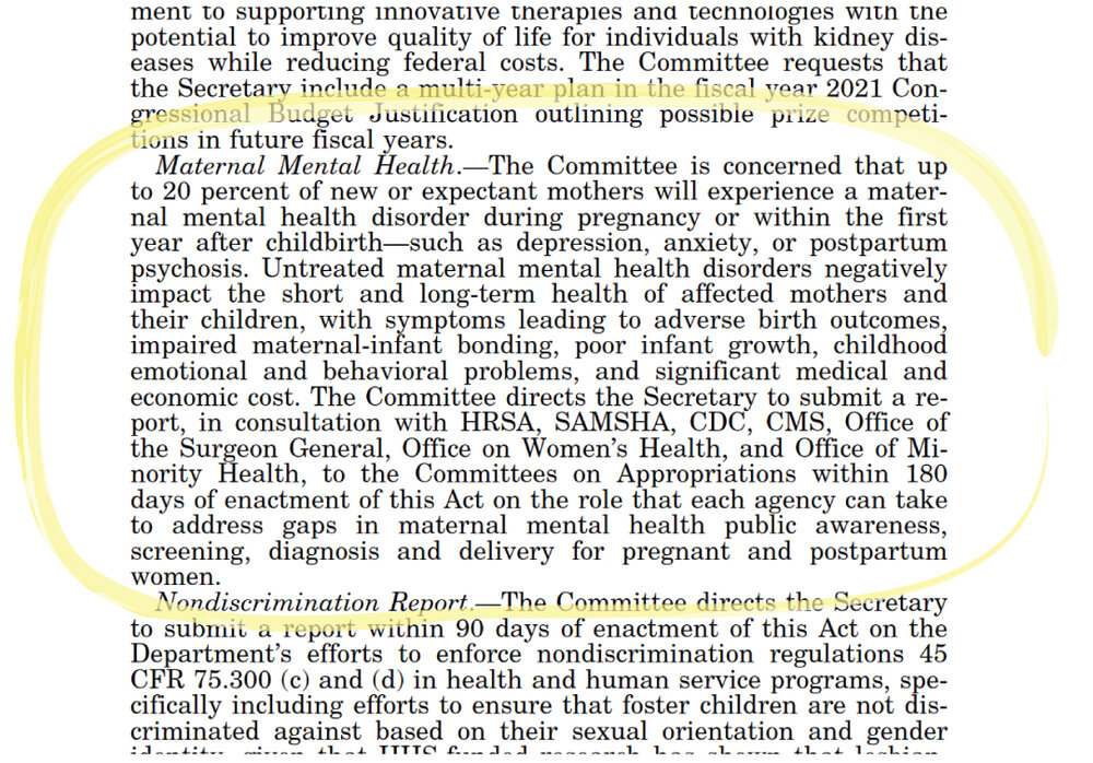 Maternal Mental Health.—The Committee is concerned that up    to 20 percent of new or expectant mothers will experience a maternal    mental health disorder during pregnancy or within the first    year after childbirth—such as depression, anxiety, or postpartum    psychosis. Untreated maternal mental health disorders negatively    impact the short and long-term health of affected mothers and    their children, with symptoms leading to adverse birth outcomes,    impaired maternal-infant bonding, poor infant growth, childhood    emotional and behavioral problems, and significant medical and    economic cost. The Committee directs the Secretary to submit a report,    in consultation with HRSA, SAMSHA, CDC, CMS, Office of    the Surgeon General, Office on Women’s Health, and Office of Minority    Health, to the Committees on Appropriations within 180    days of enactment of this Act on the role that each agency can take    to address gaps in maternal mental health public awareness,    screening, diagnosis and delivery for pregnant and postpartum    women.