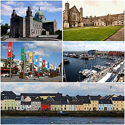 Top to bottom: Galway Cathedral, National University of Ireland - Galway, Eyre Square, Galway Harbour, The Long Walk