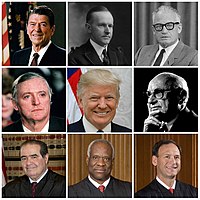 Collage of nine American conservatives: Ronald Reagan, Calvin Coolidge, Barry Goldwater, William F. Buckley Jr., Donald Trump, Milton Friedman, Antonin Scalia, Clarence Thomas, Samuel Alito