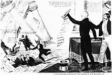 Banker Nicholas Biddle, portrayed as the devil, along with several speculators and hirelings, flee as the bank collapses while Jackson's supporters cheer.