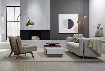 Simple and minimalist living room with clean lines and black, white and grey palette