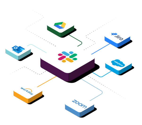 Icons for apps like Salesforce and Google Drive connecting to Slack