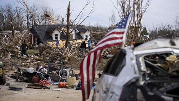 American Flag in rubble