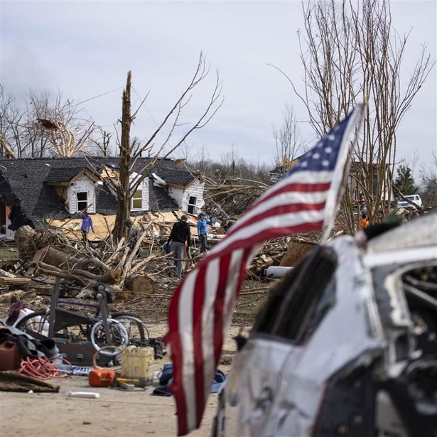 American Flag in rubble