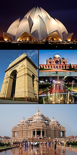 From top clockwise: Lotus Temple, Humayun's Tomb, Connaught Place, Akshardham temple and India Gate