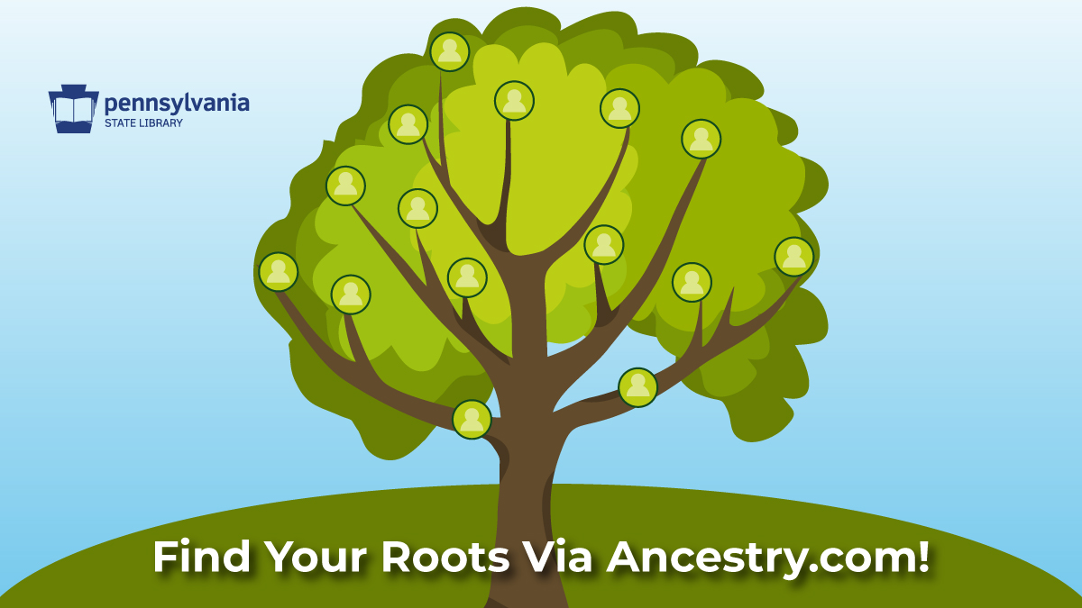 Colorful tree of ancestors with the words "Find Your Roots Via Ancestry.com".