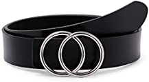 Women’s Leather Ring Belt for Jean, Mothers Day Gifts Double Circle Buckle Belts Fit Waist 26-42 Inch