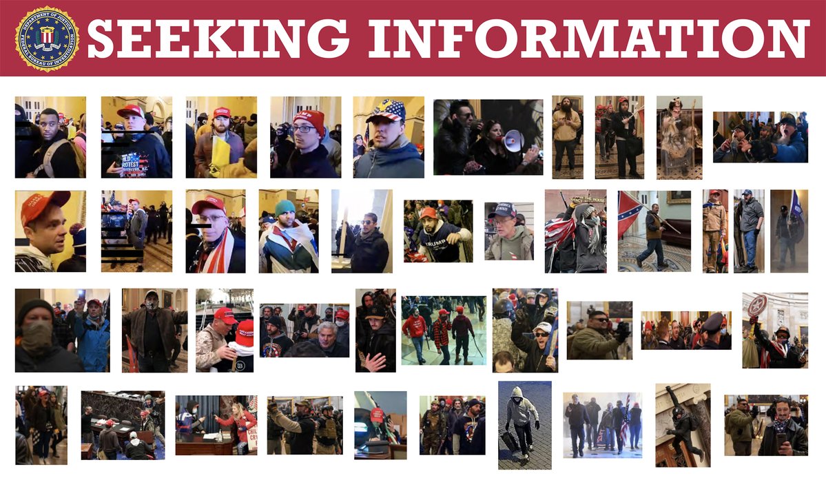 Collage titled Seeking Information that shows individuals wanted in connection with the January 6 violence at the U.S. Capitol