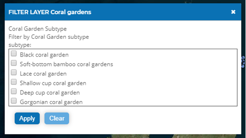 Example of filter window on the Marine Protected Area mapper