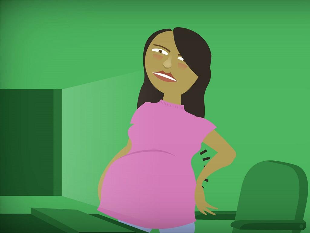 An animated woman standing at her desk with back pain