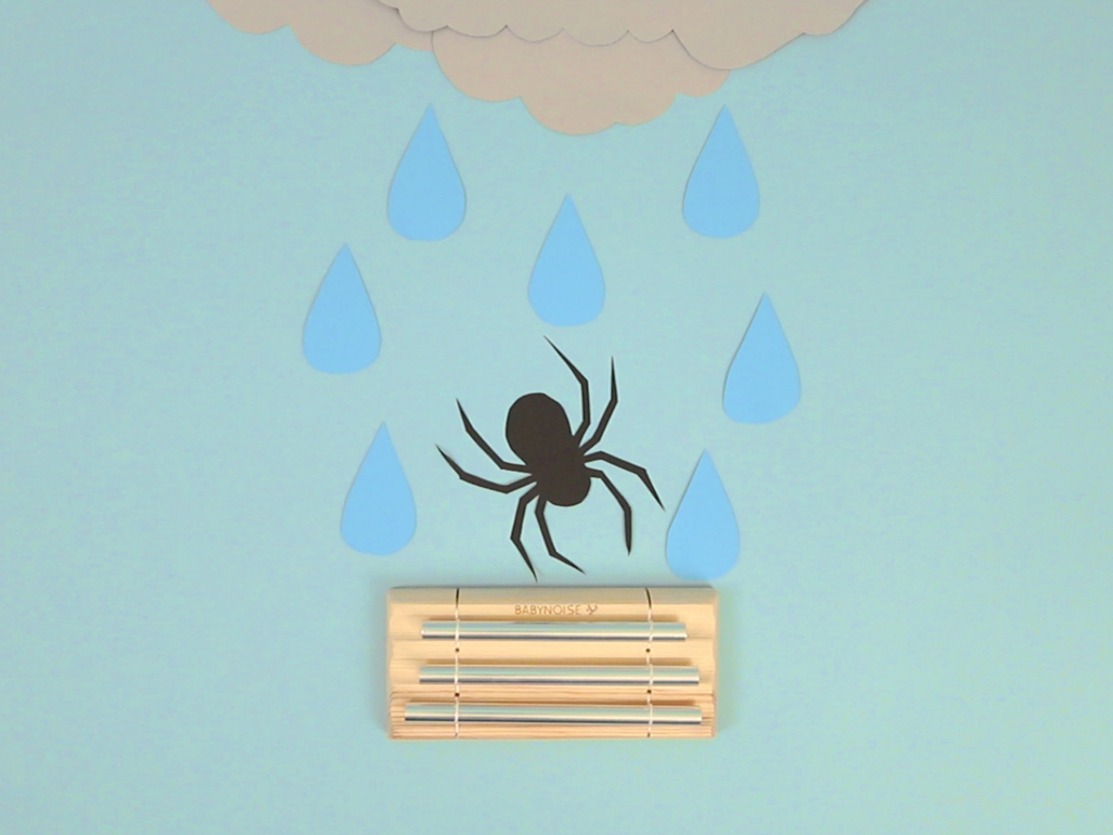 a construction paper spider, cloud, and raindrops