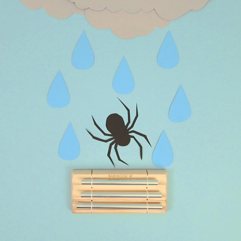 a construction paper spider, cloud, and raindrops