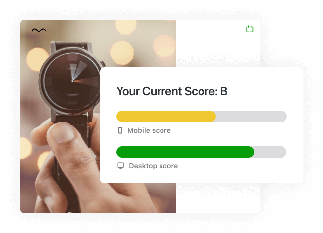 An image showing a web site with a photo of a time-lapsed watch face. In the foreground is a graph showing a speed score for mobile and desktop in yellow and green with an overall score of B