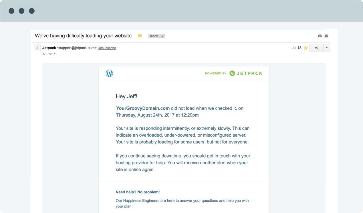 Image showing an email Jetpack sends when your site goes offline