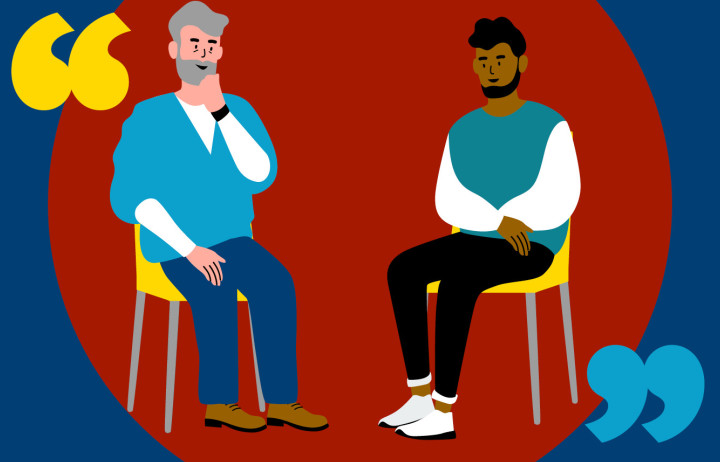 Animated image of two men in discussion