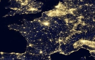 A nighttime satellite photograph of Europe from space